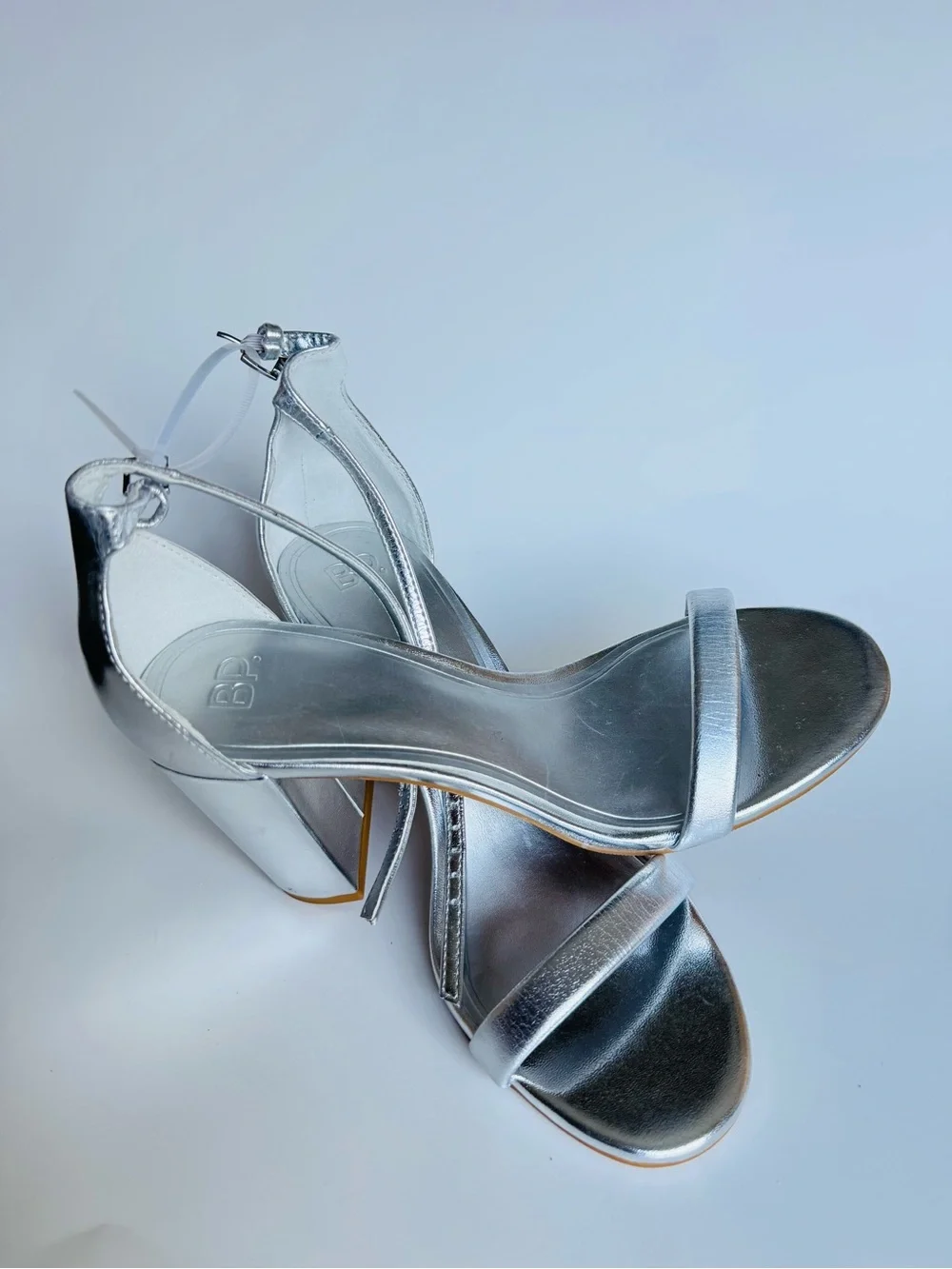 bp Silver Metallic Block Heel Ankle-Strap Sandals